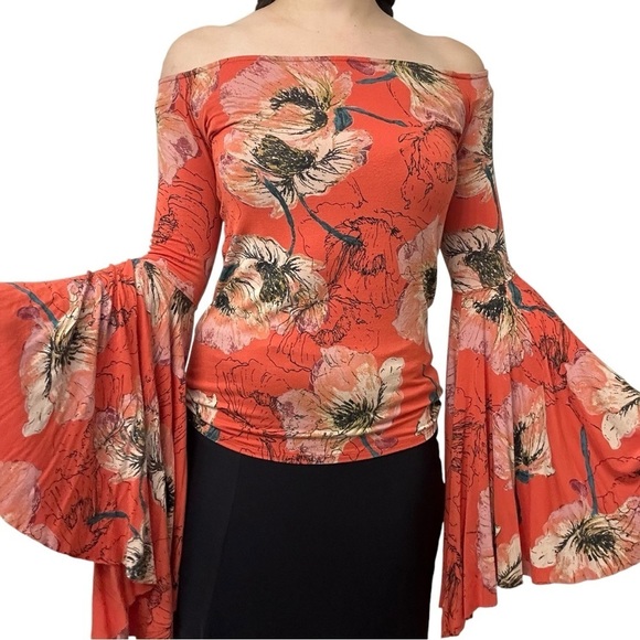 Free People Blouse Bell Sleeves Flare Floral Whimsigoth Fairy Boho Size Small - Picture 1 of 8
